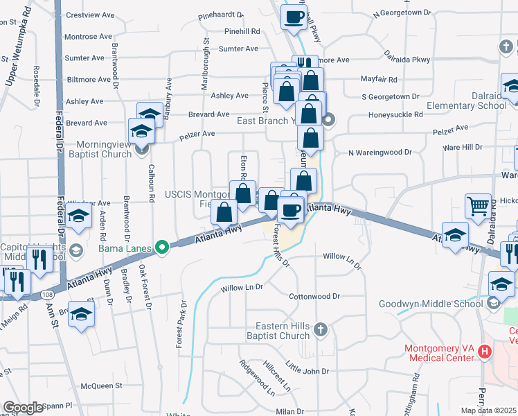 map of restaurants, bars, coffee shops, grocery stores, and more near 3381 Atlanta Highway in Montgomery