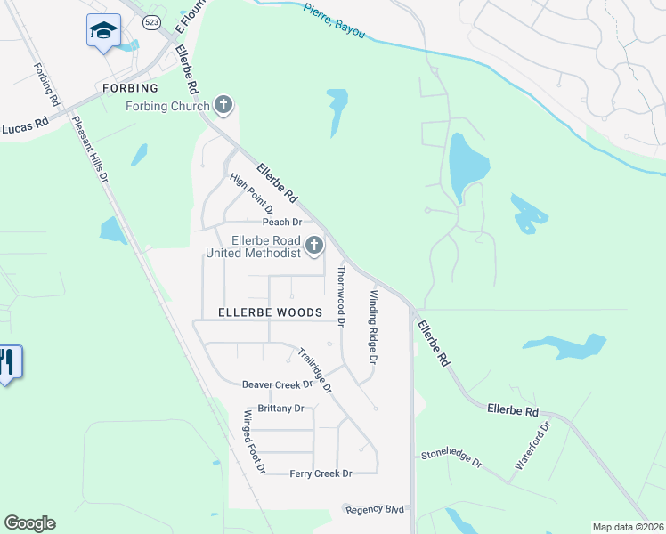 map of restaurants, bars, coffee shops, grocery stores, and more near 10004 Thornwood Drive in Shreveport