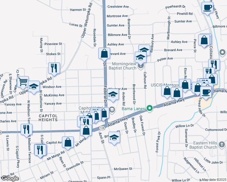 map of restaurants, bars, coffee shops, grocery stores, and more near 2800 Windsor Avenue in Montgomery
