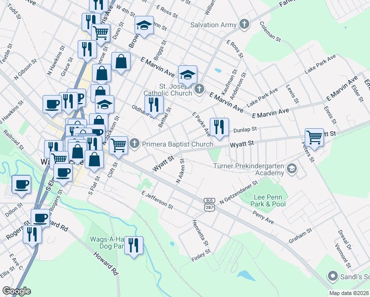 map of restaurants, bars, coffee shops, grocery stores, and more near 225 Wyatt Street in Waxahachie