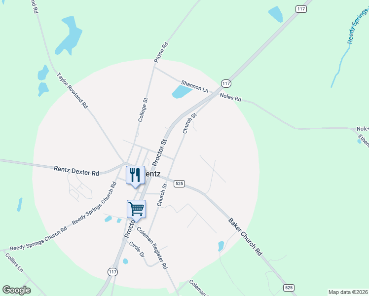 map of restaurants, bars, coffee shops, grocery stores, and more near 2075 Church Street in Rentz