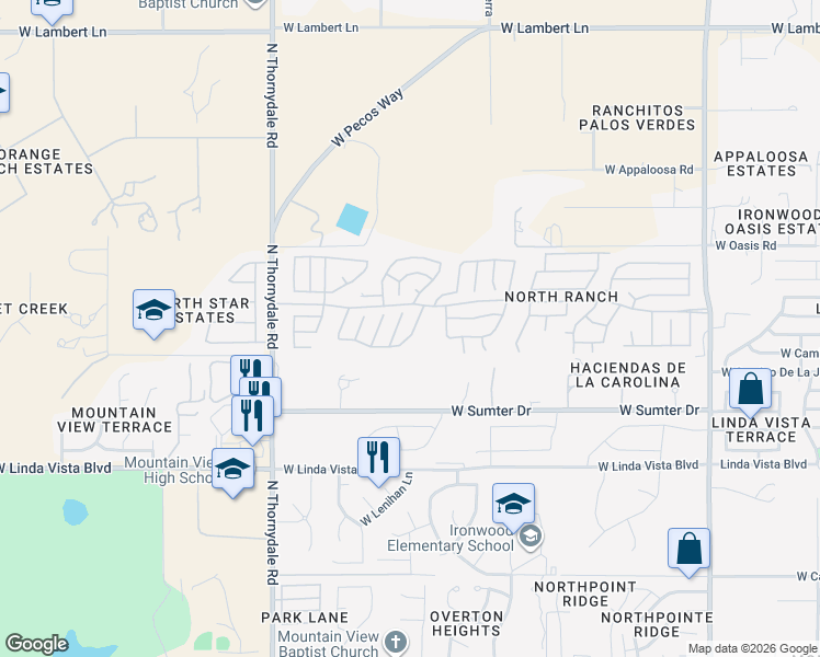 map of restaurants, bars, coffee shops, grocery stores, and more near 9820 North Western Sky Place in Tucson