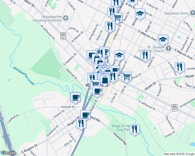 map of restaurants, bars, coffee shops, grocery stores, and more near in Waxahachie