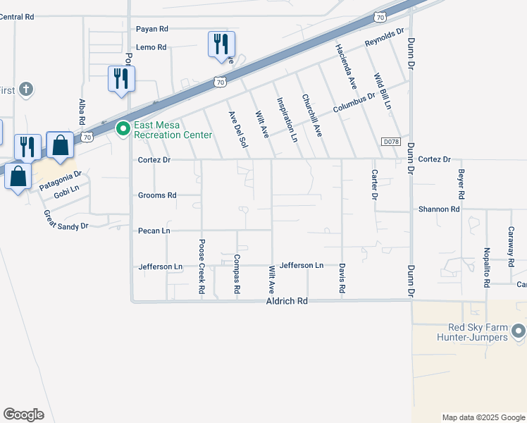 map of restaurants, bars, coffee shops, grocery stores, and more near 6425 Pecan Ln in Las Cruces