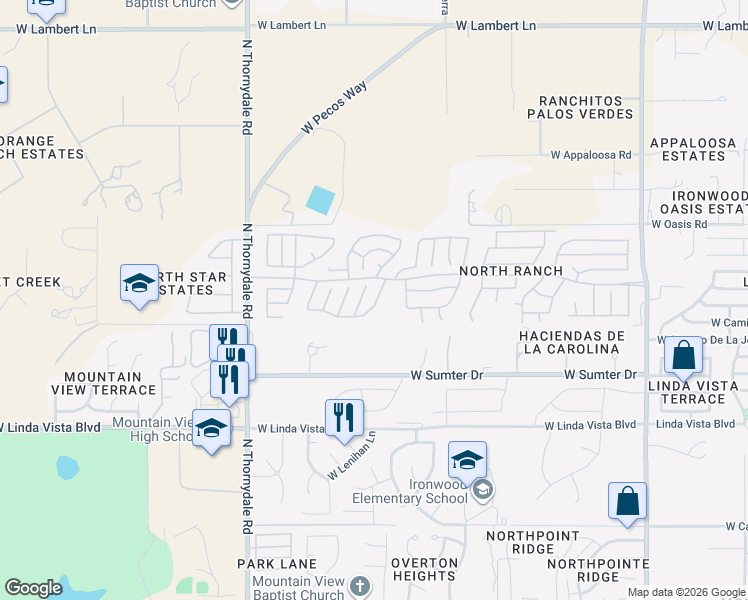 map of restaurants, bars, coffee shops, grocery stores, and more near 9820 North Western Sky Place in Tucson