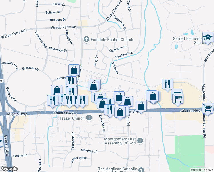 map of restaurants, bars, coffee shops, grocery stores, and more near 285 Sylvest Drive in Montgomery