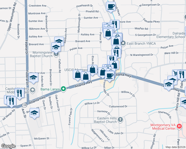 map of restaurants, bars, coffee shops, grocery stores, and more near 3371 Atlanta Hwy in Montgomery