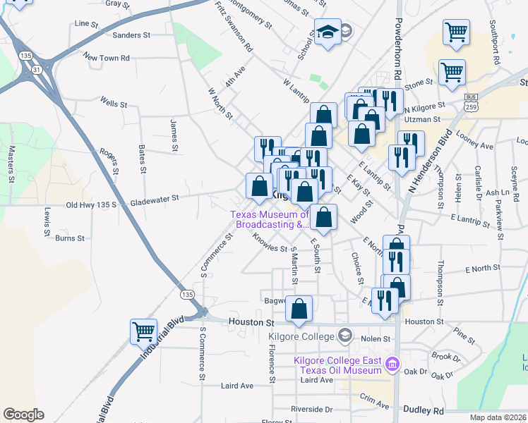 map of restaurants, bars, coffee shops, grocery stores, and more near 200 S Kilgore St in Kilgore