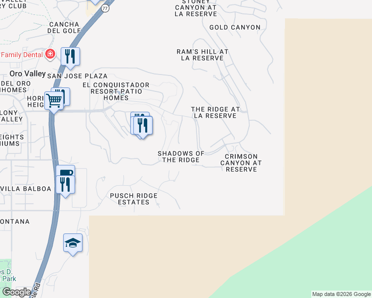 map of restaurants, bars, coffee shops, grocery stores, and more near 9814 North Ridge Shadow Place in Oro Valley