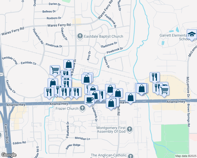 map of restaurants, bars, coffee shops, grocery stores, and more near 285 Sylvest Drive in Montgomery