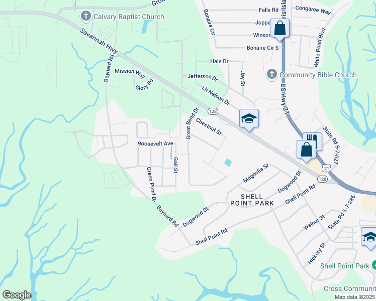 map of restaurants, bars, coffee shops, grocery stores, and more near 28 Great Bend Drive in Beaufort