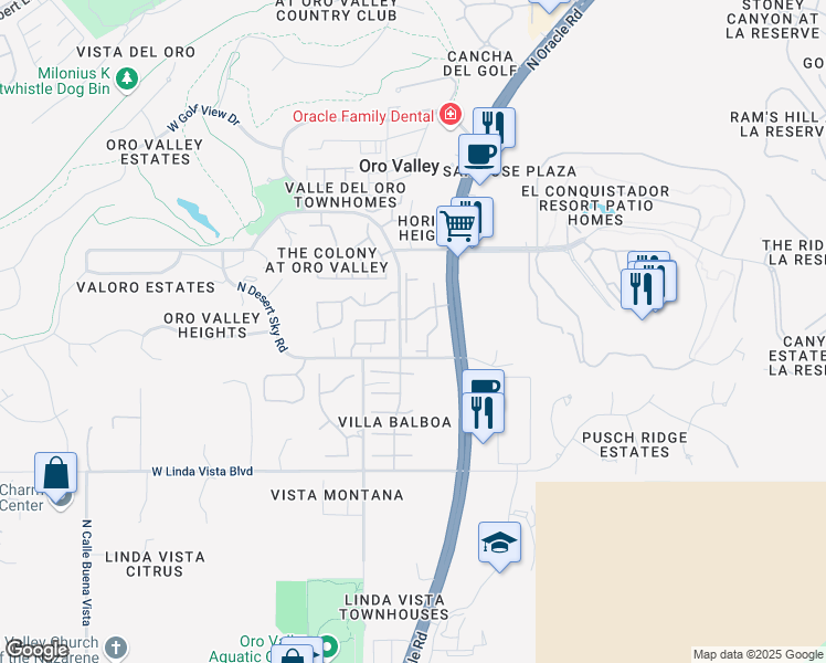 map of restaurants, bars, coffee shops, grocery stores, and more near 6 Valle Del Oro Road in Oro Valley