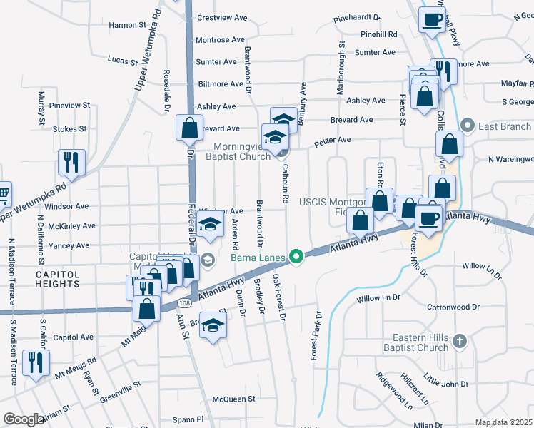 map of restaurants, bars, coffee shops, grocery stores, and more near 24 Brantwood Drive in Montgomery