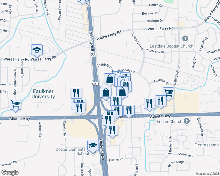 map of restaurants, bars, coffee shops, grocery stores, and more near 1001 Eastdale Mall in Montgomery