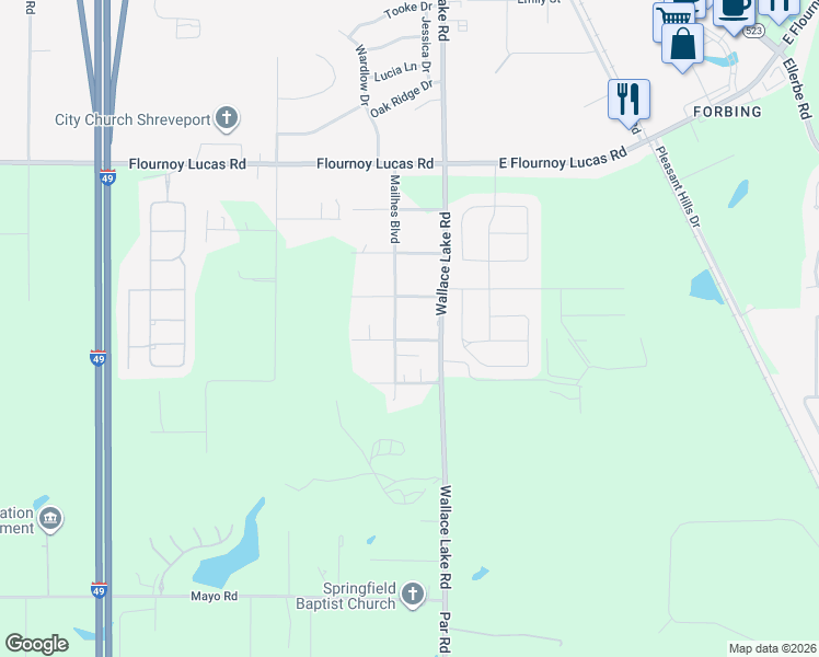 map of restaurants, bars, coffee shops, grocery stores, and more near 124 Barlow Street in Shreveport