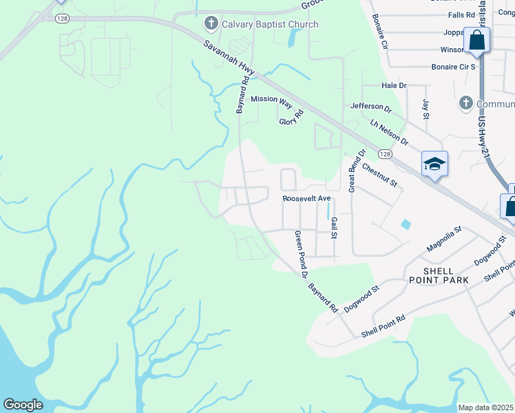 map of restaurants, bars, coffee shops, grocery stores, and more near 6 Carolina Village Circle in Beaufort