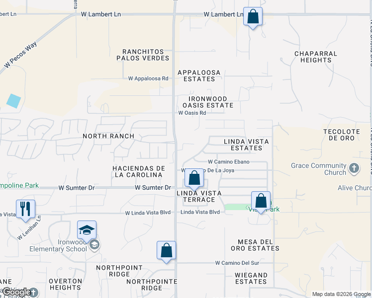 map of restaurants, bars, coffee shops, grocery stores, and more near 9825 North Camino Vado in Tucson