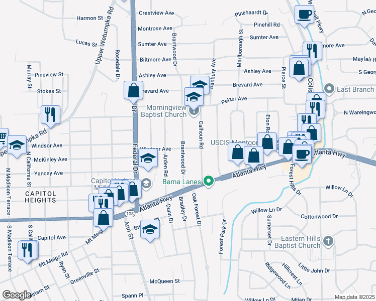 map of restaurants, bars, coffee shops, grocery stores, and more near 20 Brantwood Drive in Montgomery