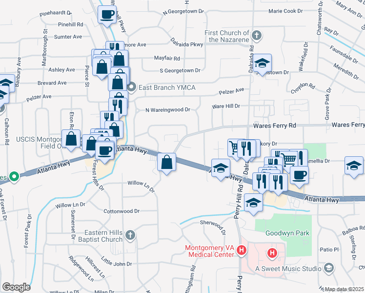 map of restaurants, bars, coffee shops, grocery stores, and more near in Montgomery