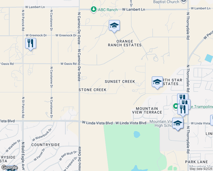 map of restaurants, bars, coffee shops, grocery stores, and more near 9821 North Sunset Creek Place in Tucson
