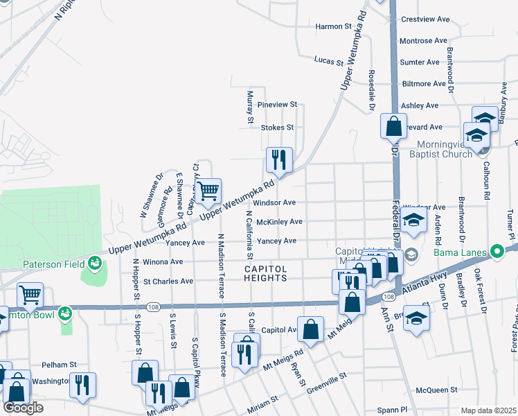map of restaurants, bars, coffee shops, grocery stores, and more near 1912 Windsor Avenue in Montgomery