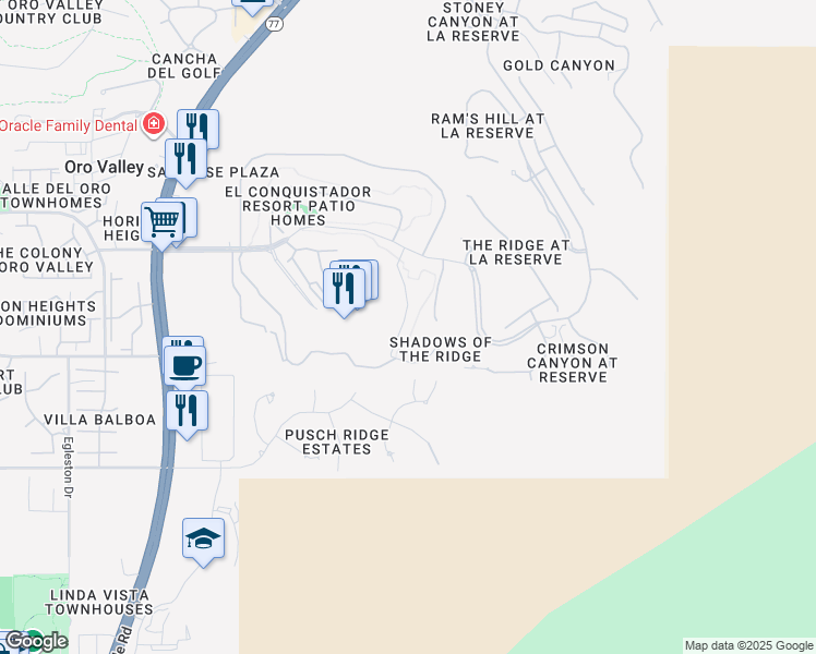 map of restaurants, bars, coffee shops, grocery stores, and more near 9852 North Ridge Shadow Place in Oro Valley
