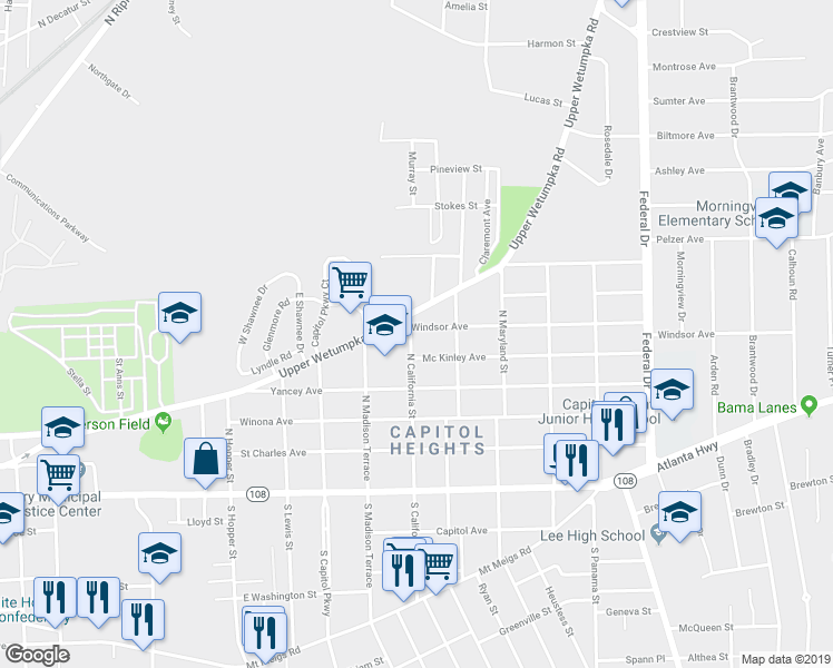 map of restaurants, bars, coffee shops, grocery stores, and more near 424 North California Street in Montgomery