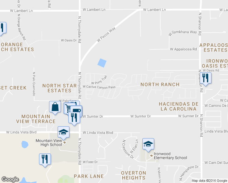 map of restaurants, bars, coffee shops, grocery stores, and more near 9820 North Western Sky Place in Tucson