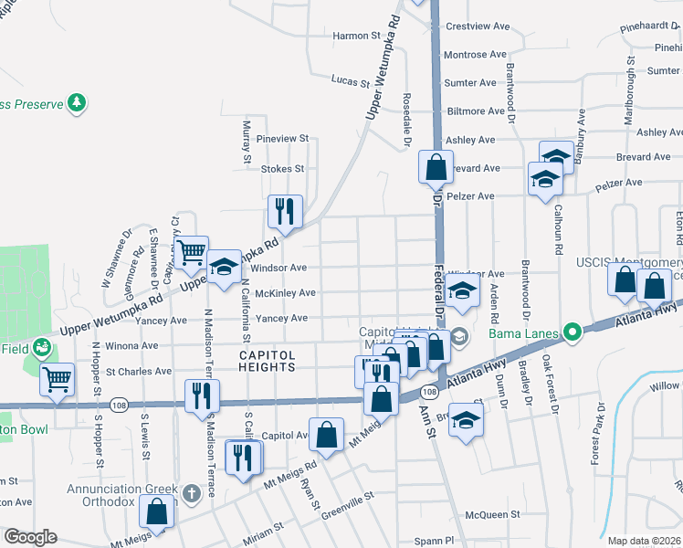 map of restaurants, bars, coffee shops, grocery stores, and more near 2123 McKinley Avenue in Montgomery