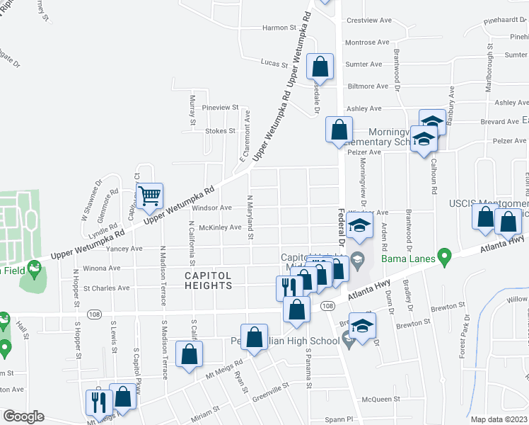 map of restaurants, bars, coffee shops, grocery stores, and more near 2123 McKinley Avenue in Montgomery