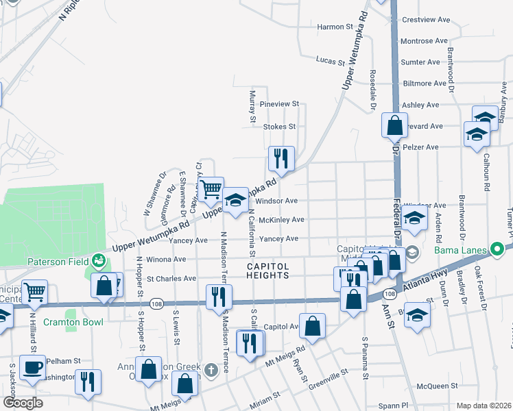 map of restaurants, bars, coffee shops, grocery stores, and more near 400 North California Street in Montgomery