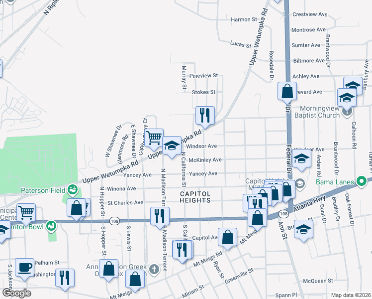 map of restaurants, bars, coffee shops, grocery stores, and more near 400 North California Street in Montgomery