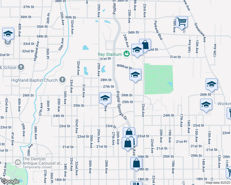 map of restaurants, bars, coffee shops, grocery stores, and more near 2523 Poplar Springs Drive in Meridian