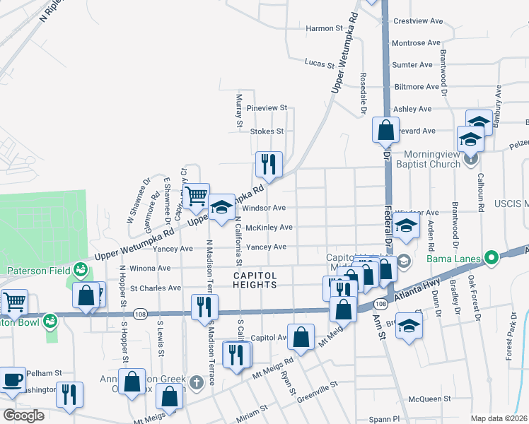 map of restaurants, bars, coffee shops, grocery stores, and more near 1936 Windsor Avenue in Montgomery