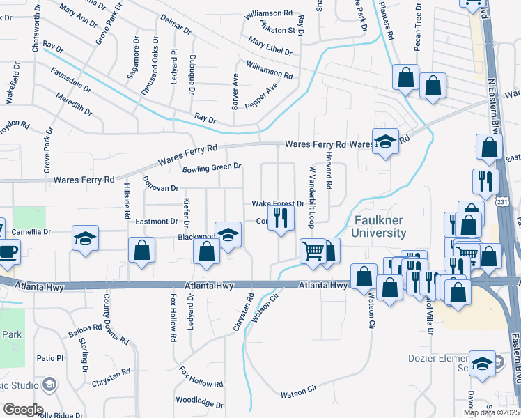 map of restaurants, bars, coffee shops, grocery stores, and more near 4518 Wake Forest Drive in Montgomery