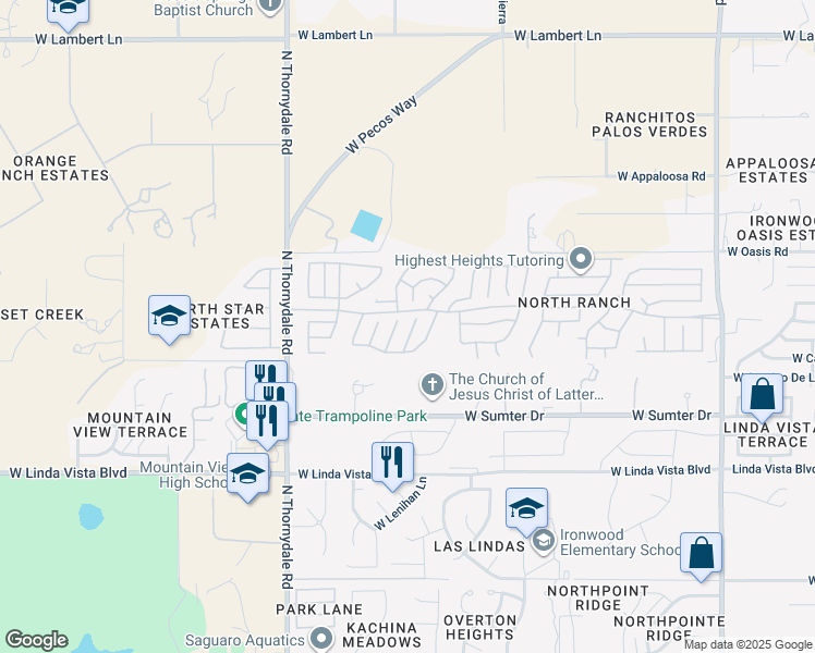 map of restaurants, bars, coffee shops, grocery stores, and more near 9861 North Western Sky Place in Tucson