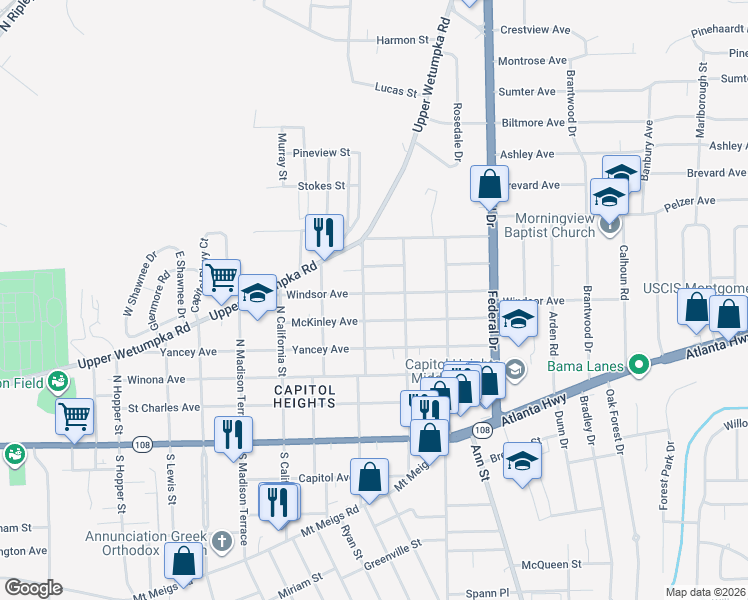 map of restaurants, bars, coffee shops, grocery stores, and more near 2110 Windsor Avenue in Montgomery