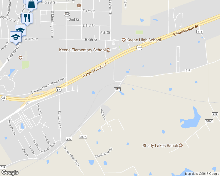 map of restaurants, bars, coffee shops, grocery stores, and more near 3501 County Road 317 in Cleburne