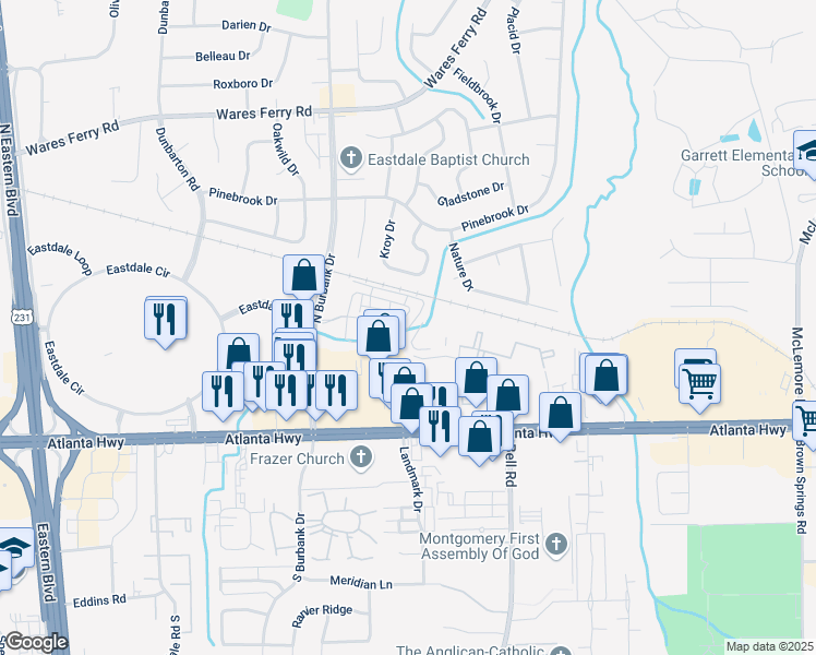 map of restaurants, bars, coffee shops, grocery stores, and more near 102 Havenwood Lane in Montgomery
