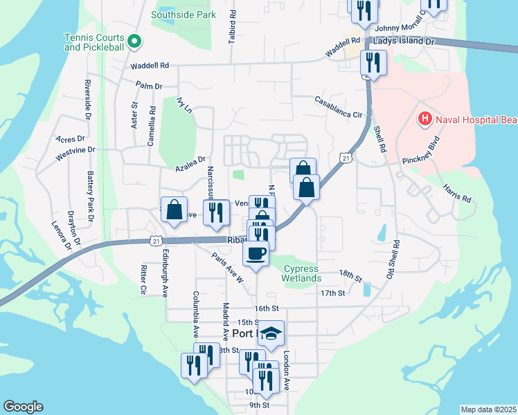 map of restaurants, bars, coffee shops, grocery stores, and more near 1839 Paris Avenue in Port Royal