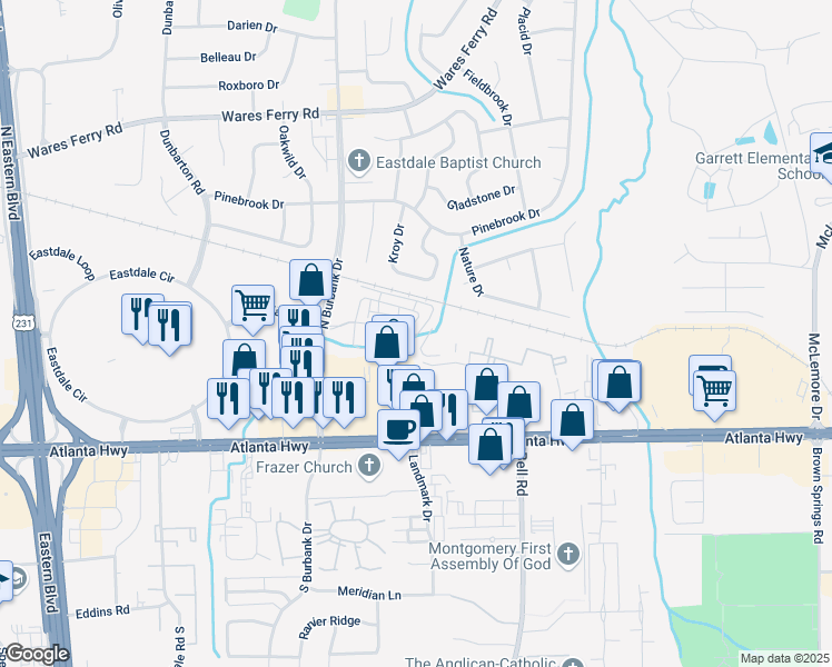 map of restaurants, bars, coffee shops, grocery stores, and more near 102 Havenwood Lane in Montgomery