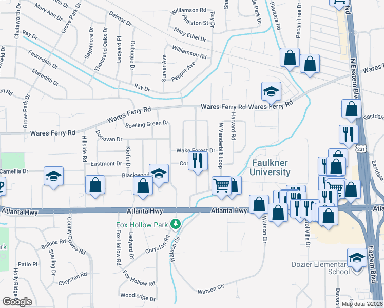 map of restaurants, bars, coffee shops, grocery stores, and more near 301 Cornell Road in Montgomery