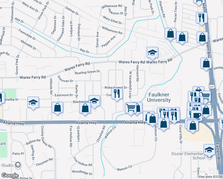 map of restaurants, bars, coffee shops, grocery stores, and more near 301 Cornell Road in Montgomery