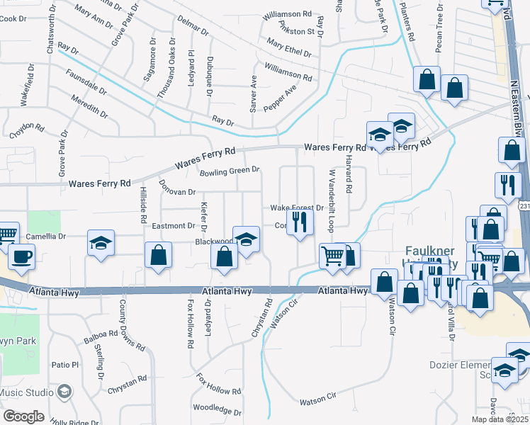 map of restaurants, bars, coffee shops, grocery stores, and more near 325 Cornell Road in Montgomery
