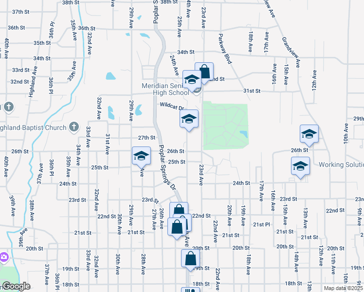 map of restaurants, bars, coffee shops, grocery stores, and more near 2512 24th Avenue in Meridian