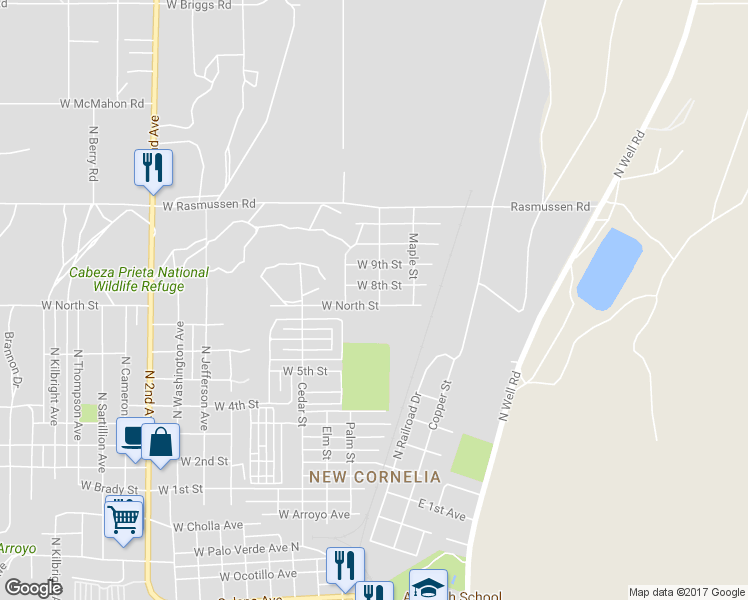 map of restaurants, bars, coffee shops, grocery stores, and more near 210 West North Street in Ajo