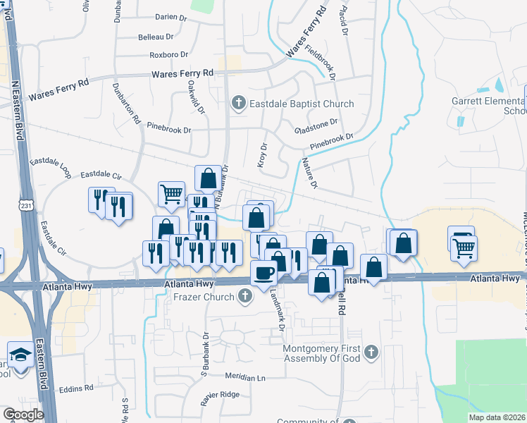 map of restaurants, bars, coffee shops, grocery stores, and more near 6100 Burbank Crossing Loop in Montgomery
