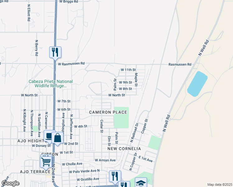 map of restaurants, bars, coffee shops, grocery stores, and more near 210 West North Street in Ajo