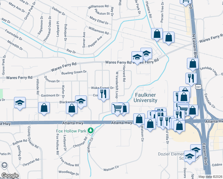 map of restaurants, bars, coffee shops, grocery stores, and more near 4630 Wake Forest Drive in Montgomery