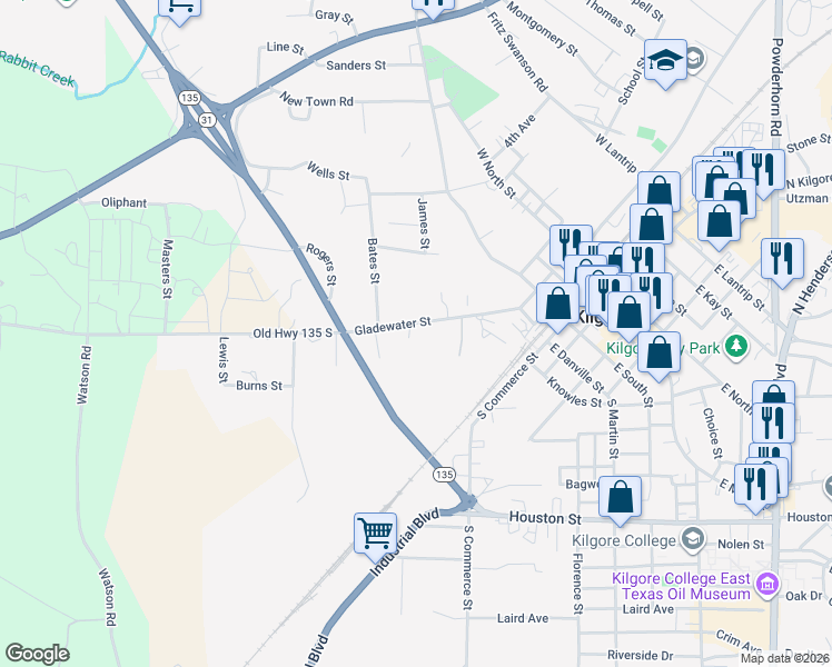 map of restaurants, bars, coffee shops, grocery stores, and more near 508 Gladewater Street in Kilgore